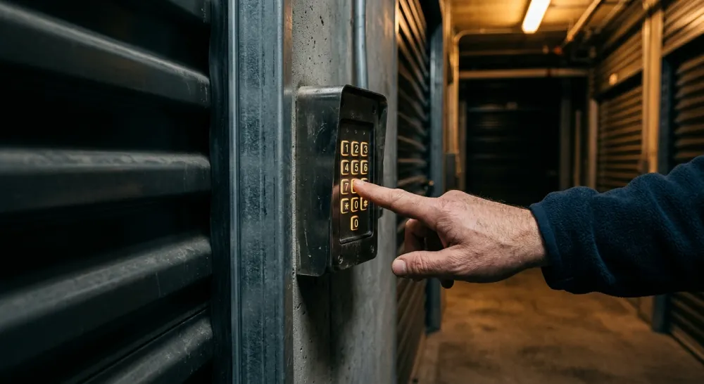 Hand toetst de persoonlijke toegangscode in bij de poort van opslag24